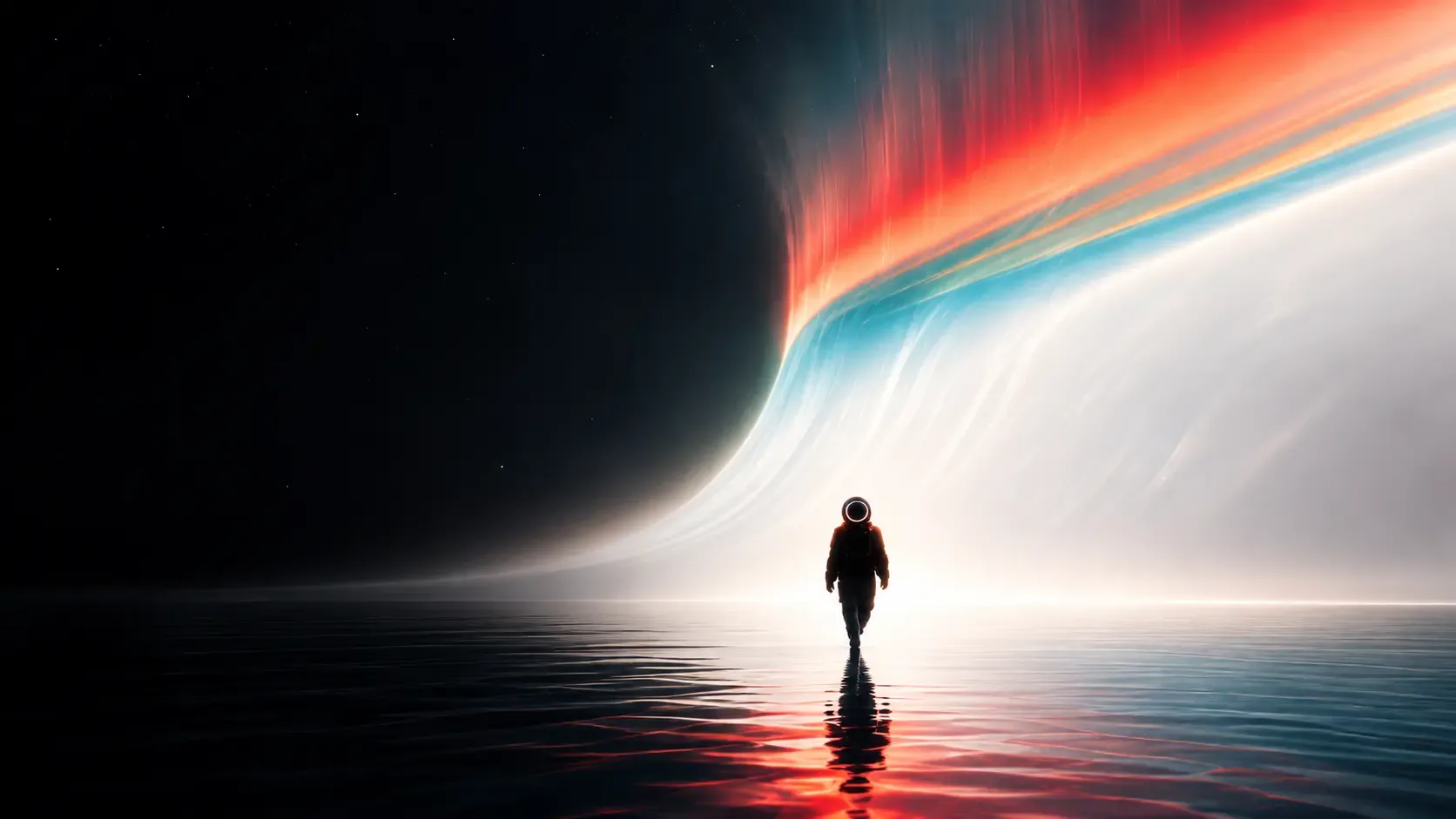 Astronauta caminando sobre agua hacia una aurora roja y turquesa en el espacio